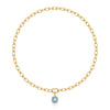 A gold chain necklace with a gold pendant featuring a square-cut light blue aquamarine gemstone and a small round diamond accent, shown on a clean white background with a soft reflection below.