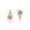 A pair of gold teardrop-shaped stud earrings with a round light pink gemstone in the center, malaya garnet, displayed on a clean white background with a soft reflection.