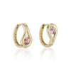 A pair of gold teardrop-shaped stud earrings with a round light pink gemstone in the center, malaya garnet, displayed on a clean white background with a soft reflection.