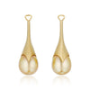 A pair of golden teardrop statement earrings, detachable pearl pendants  shown on a clean white background with a soft reflection below.