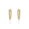 A pair of golden hoop earrings with a row of pavé-set ombre yellow diamond stones along the front edge, shown on a clean white background with a soft reflection below.
