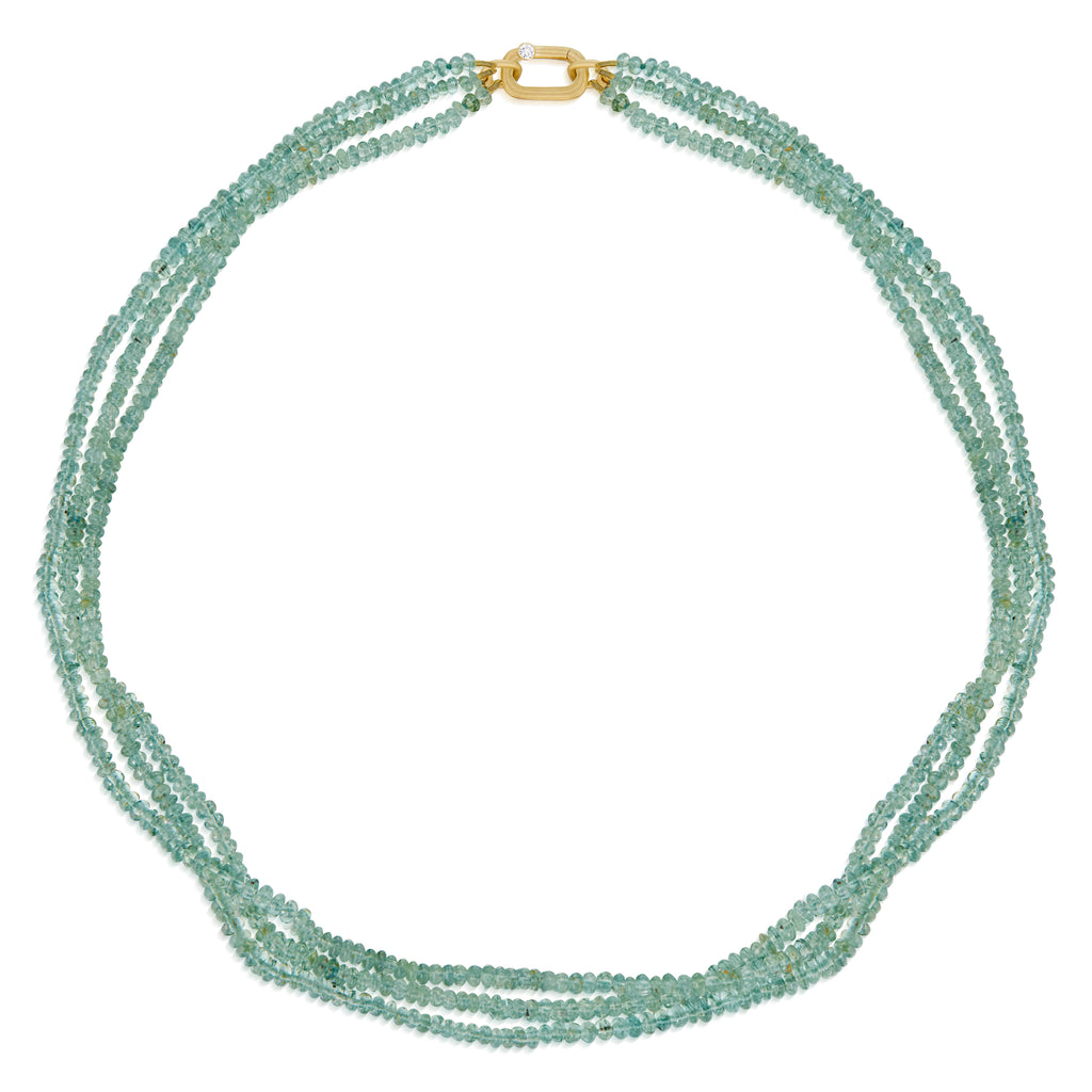 Multi-strand green beaded necklace with a gold clasp on a white background