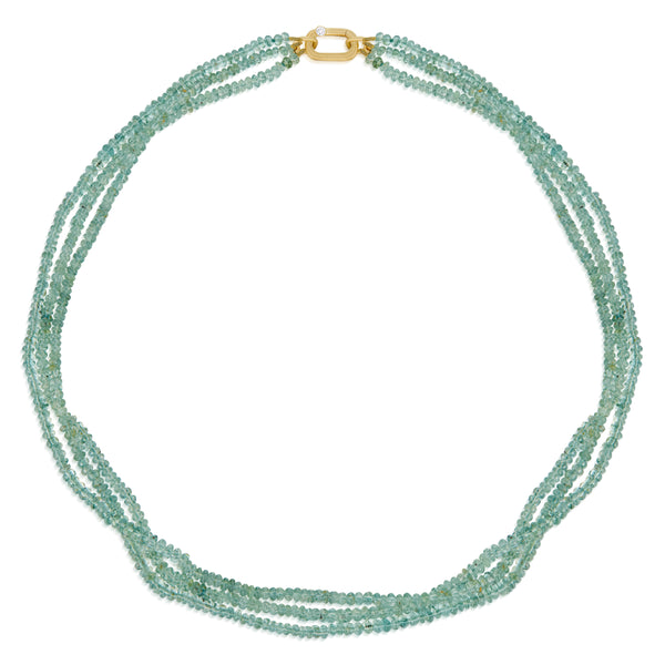 Multi-strand green beaded necklace with a gold clasp on a white background